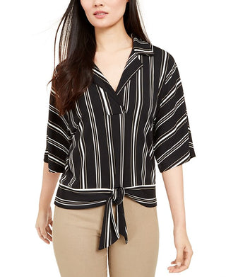 Alfani Women's Stripe Notch Collar Tie Front Blouse Black Size Large