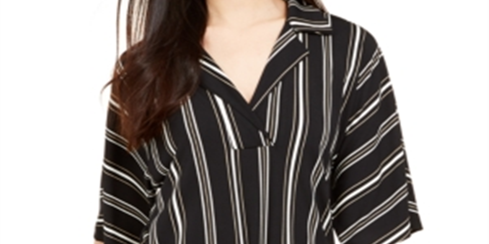 Alfani Women's Stripe Notch Collar Tie Front Blouse Black Size Large
