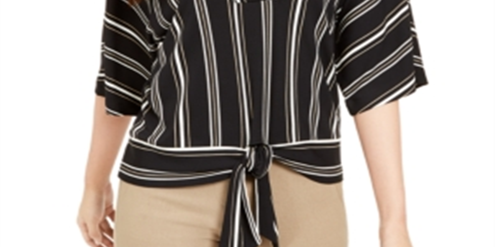 Alfani Women's Stripe Notch Collar Tie Front Blouse Black Size Large