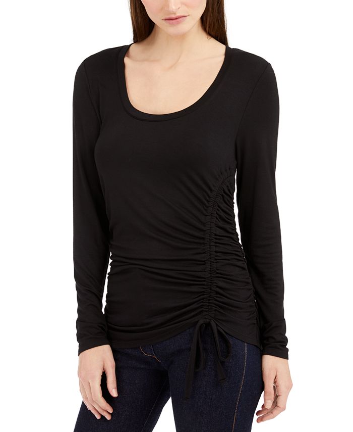 INC International Concepts Women's Long Sleeve Ruched Front Top Black Size Large