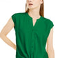 INC International Concepts Women's Twist Hem Button Front Cap Sleeve Blouse Green Size Small