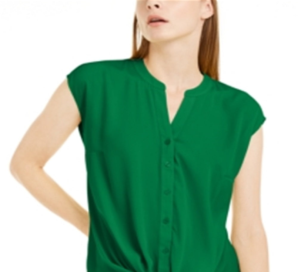 INC International Concepts Women's Twist Hem Button Front Cap Sleeve Blouse Green Size Small