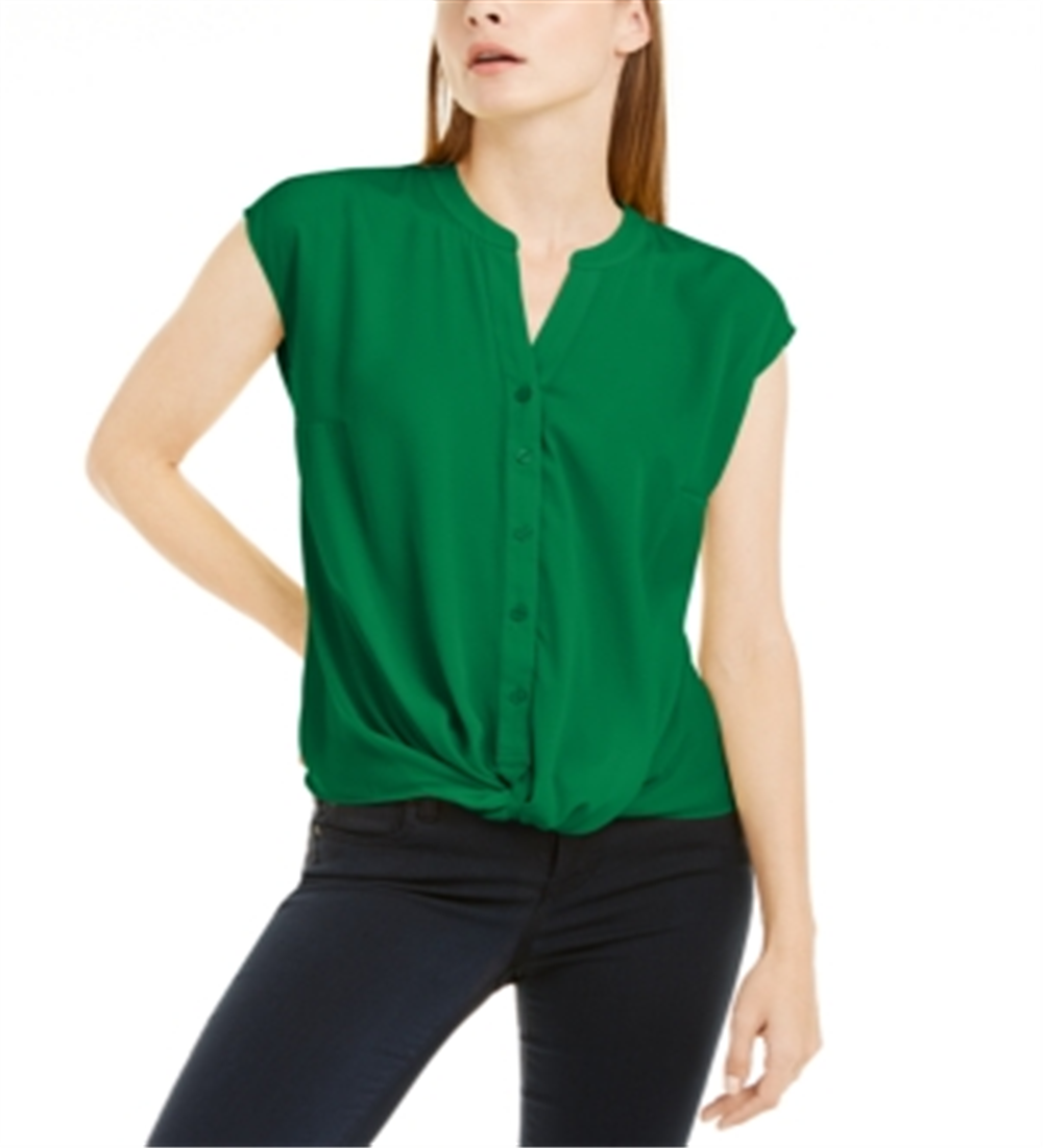 INC International Concepts Women's Twist Hem Button Front Cap Sleeve Blouse Green Size Small