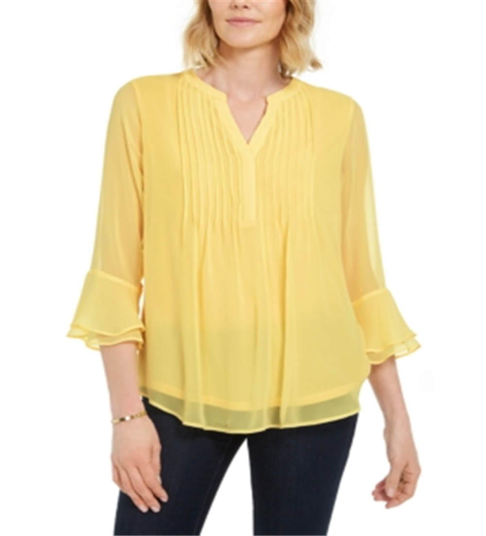 Charter Club Women's Double Ruffle Solid Pintuck Top Yellow Size X-Large