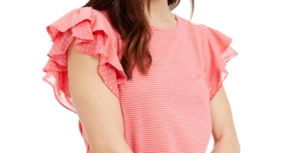 Maison Jules Women's Mini Stripe Flutter Sleeve Knit Top -Red Size Small