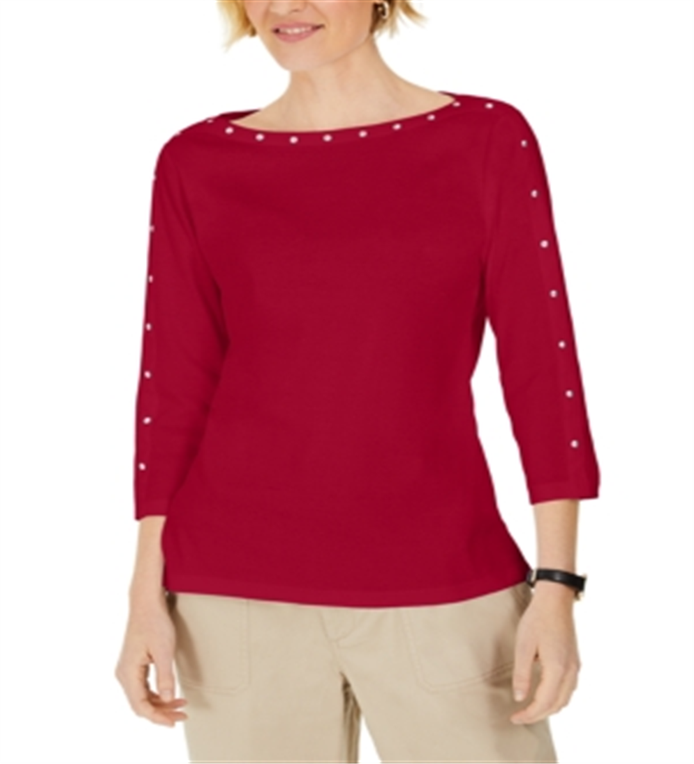 Karen Scott Women's Studded 3/4 Sleeve Top Red Size Medium