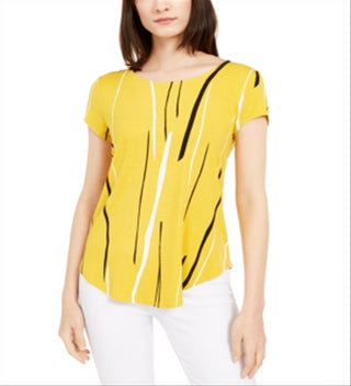 Alfani Women's Printed T-Shirt Yellow- Size Large