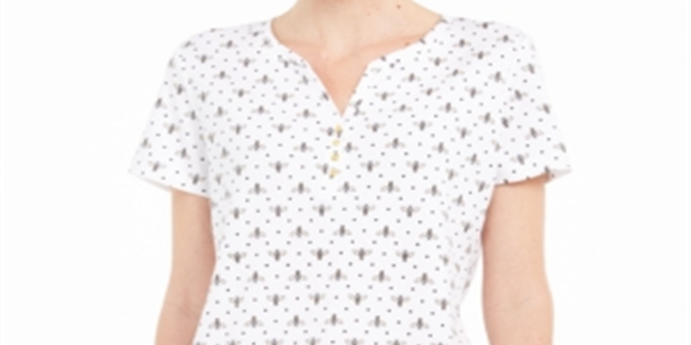 Karen Scott Women's Bee Print Henley T-Shirt White Size Medium