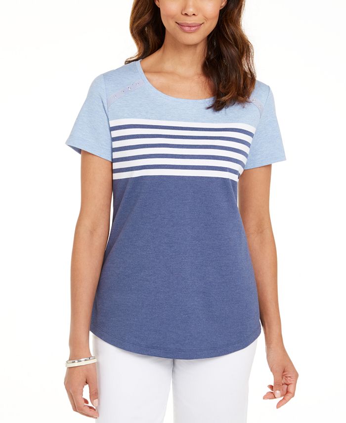 Karen Scott Women's Tara Colorblocked Stripes Rivet Top Blue Size X-Small