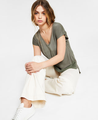 Bar III Women's V Neck Mixed Media Mesh Top Green Size X-Small