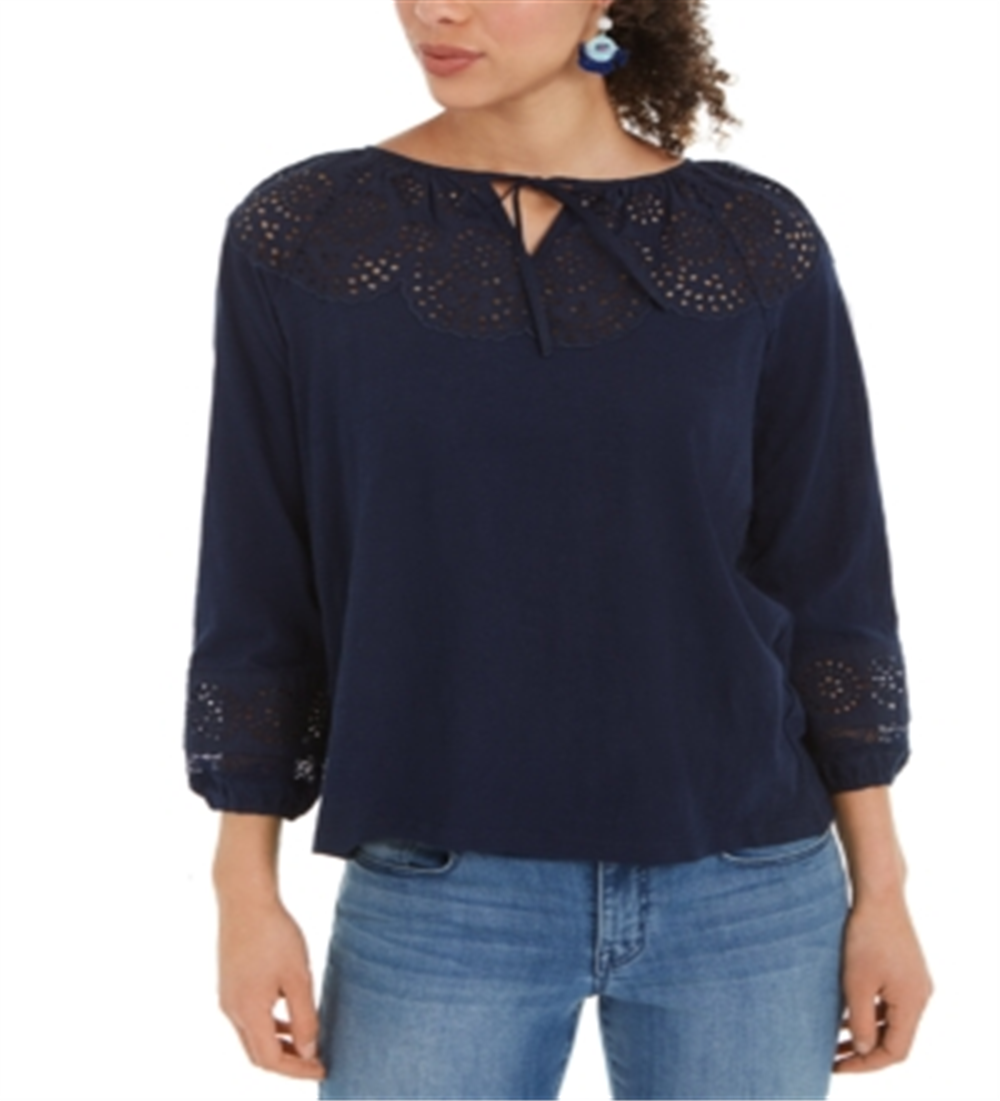 Style & Co Women's Cotton Eyelet Peasant Top Blue Size X-Small