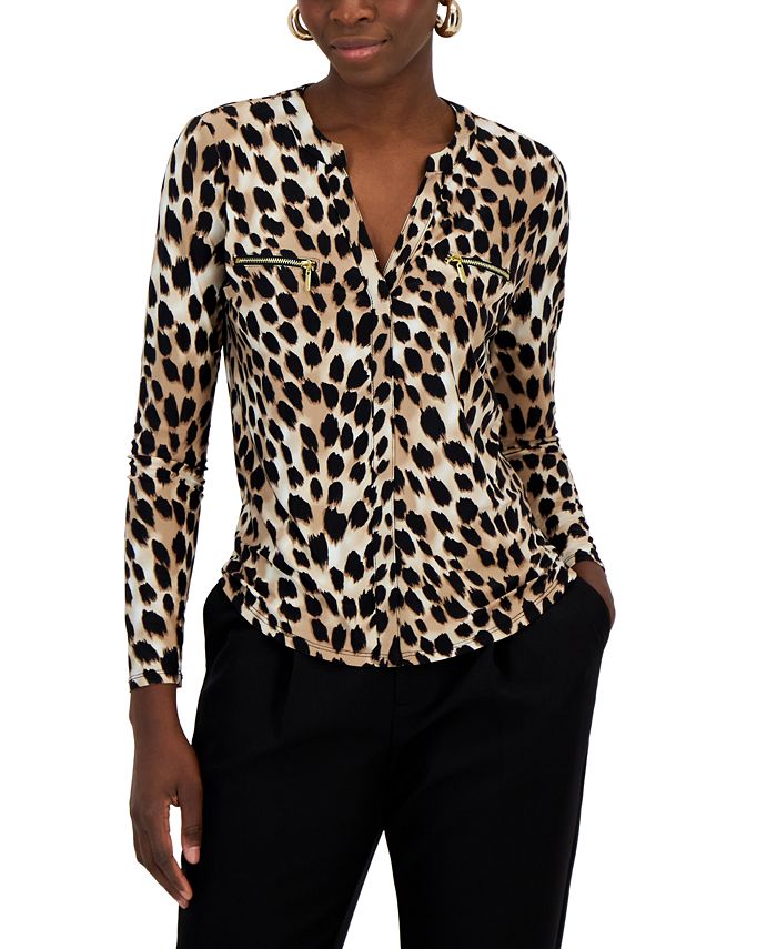 INC International Concepts Women's Print Zip Pocket Top Black Size X-Large