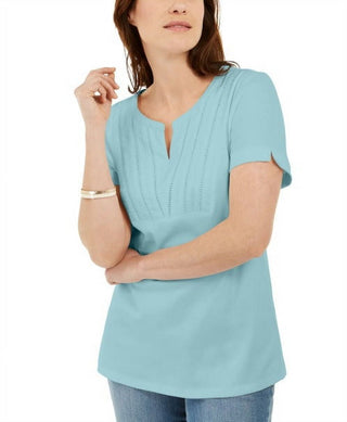 Karen Scott Women's Blue Woven Split Neck Top Size Small