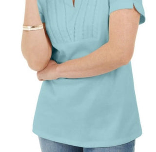Karen Scott Women's Blue Woven Split Neck Top Size Small