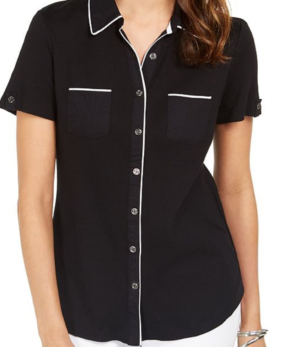 Karen Scott Women's Cotton Piping Button Top Black Size X-Large