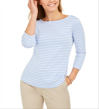 Charter Club Women's 3/4 Sleeve Striped Top -Blue Size Medium