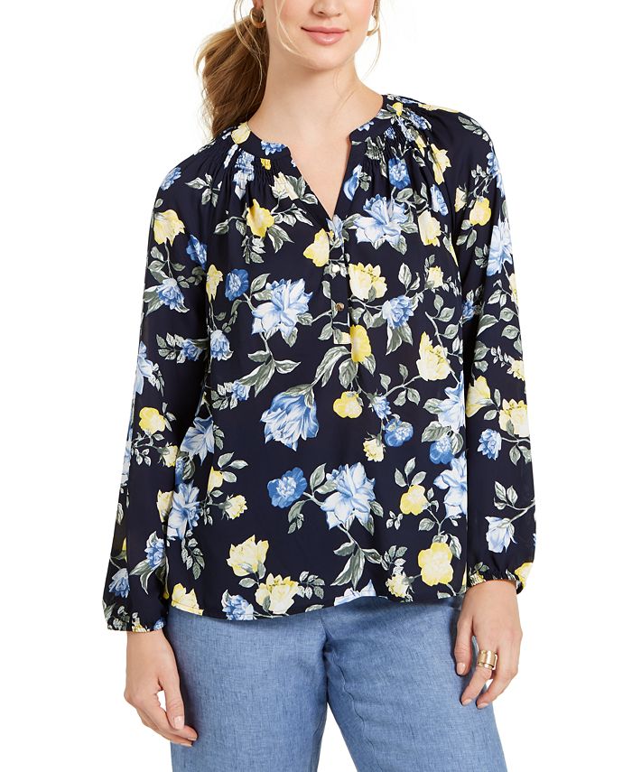 Charter Club Women's Floral Print Georgette Blouse Blue Size X-Small