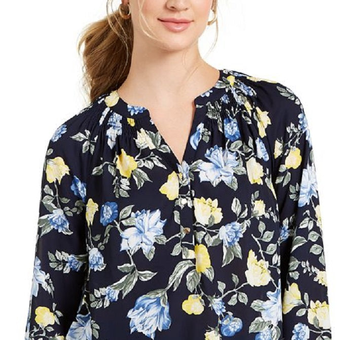Charter Club Women's Floral Print Georgette Blouse Blue Size X-Small