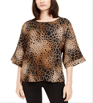 Alfani Women's Animal Print Dolman Sleeve Jewel Neck Top Brown Size Small