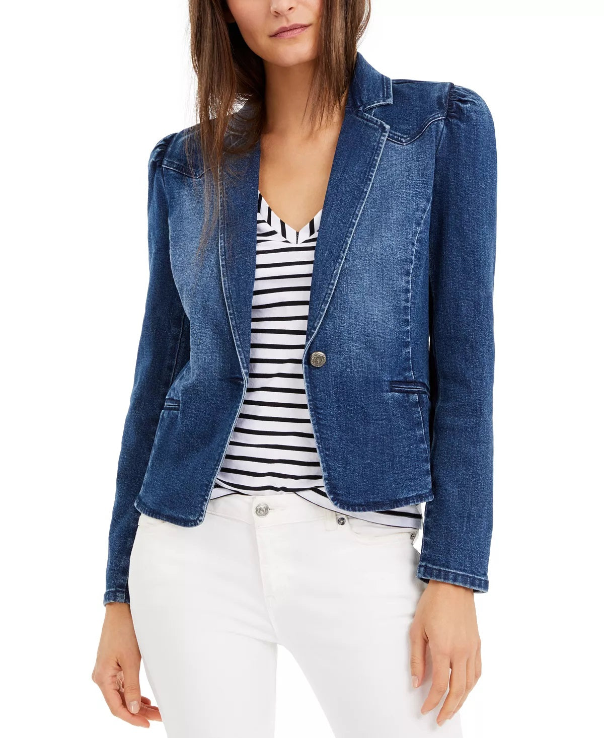 INC International Concepts Women's Puff Sleeve Blazer Blue Size Medium