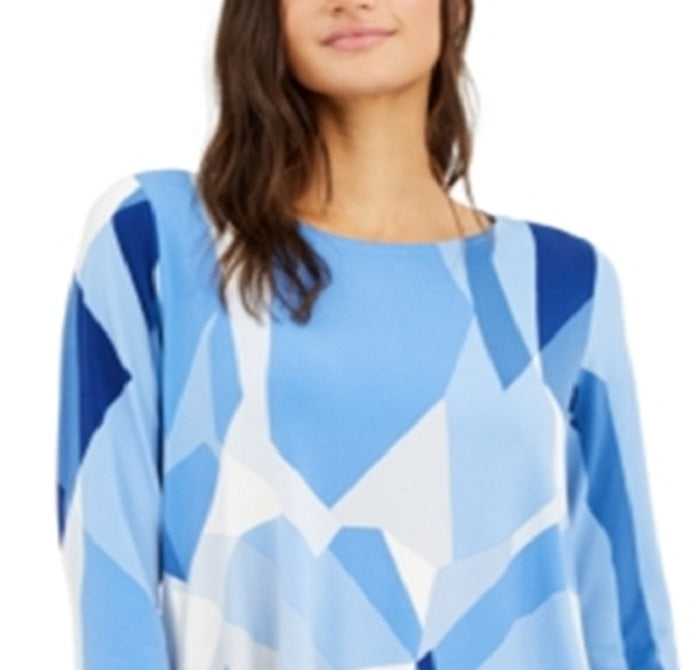 Alfani Women's Printed 3/4 Sleeve Tunic Wear to Work Top Blue Size Small