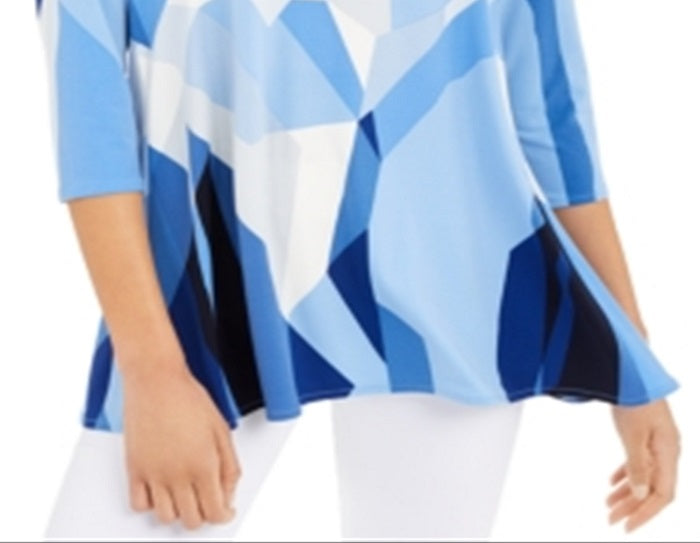 Alfani Women's Printed 3/4 Sleeve Tunic Wear to Work Top Blue Size Small
