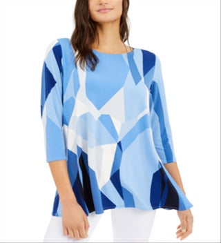 Alfani Women's Printed 3/4 Sleeve Tunic Wear to Work Top Blue Size Small
