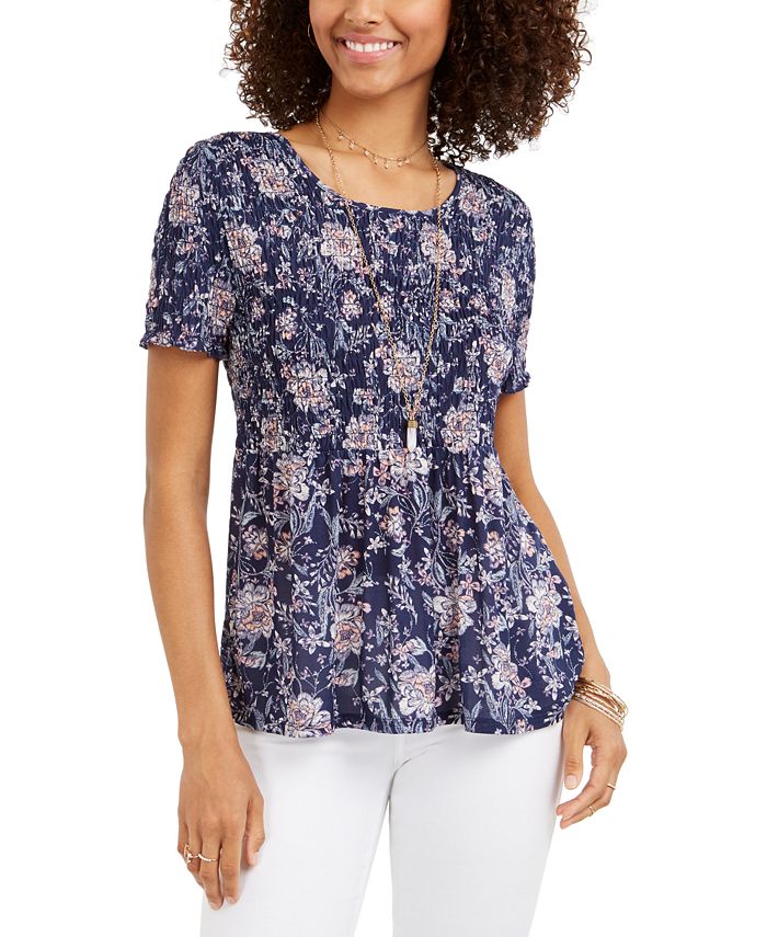 Style & Co Women's Printed Smocked Top Blue Size X-Small