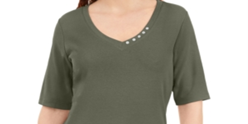 Karen Scott Women's Button Detail V Neck Top Green Size X-Small