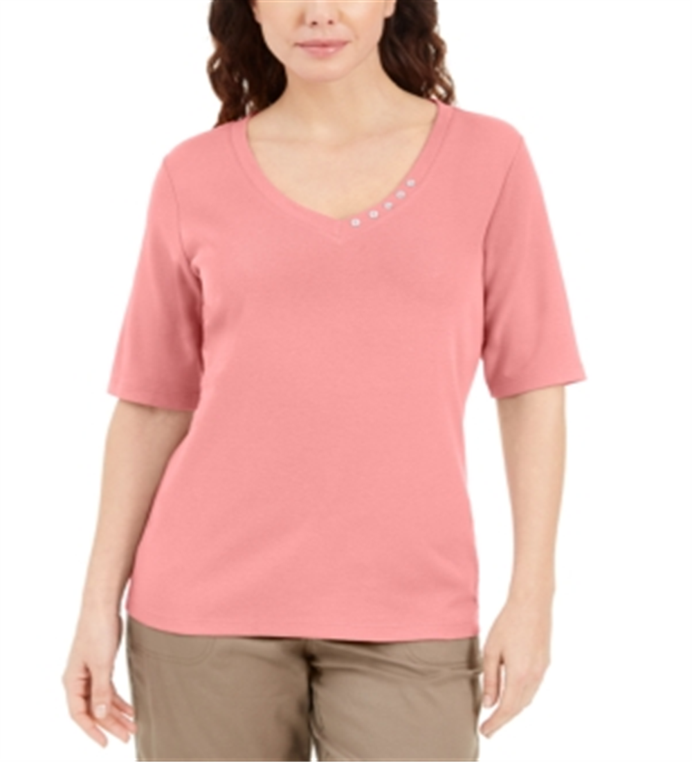 Karen Scott Women's Button Detail V Neck Top Pink Size Large