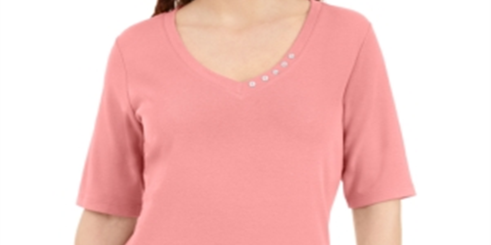 Karen Scott Women's Button Detail V Neck Top Pink Size Large