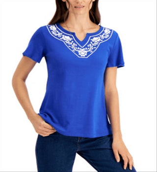 Karen Scott Women's Blue Split Neck Top Size Petite Small