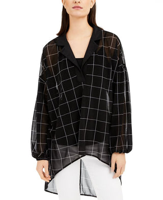 Alfani Women's Sheer Printed Long Sleeve V Neck Hi Lo Evening Top Black Size X-Large