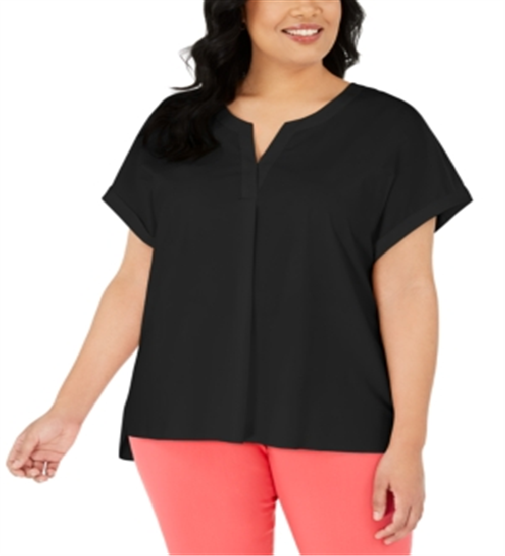 Alfani Women's Plus Split Neck Short Sleeve Top Black Size 2X