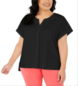 Alfani Women's Plus Split Neck Short Sleeve Top Black Size 2X