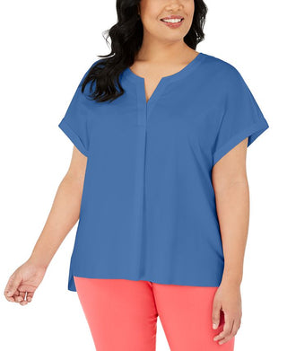 Alfani Women's Plus Split Neck Short-Sleeve Top Blue Size 1X
