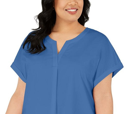 Alfani Women's Plus Split Neck Short-Sleeve Top Blue Size 1X