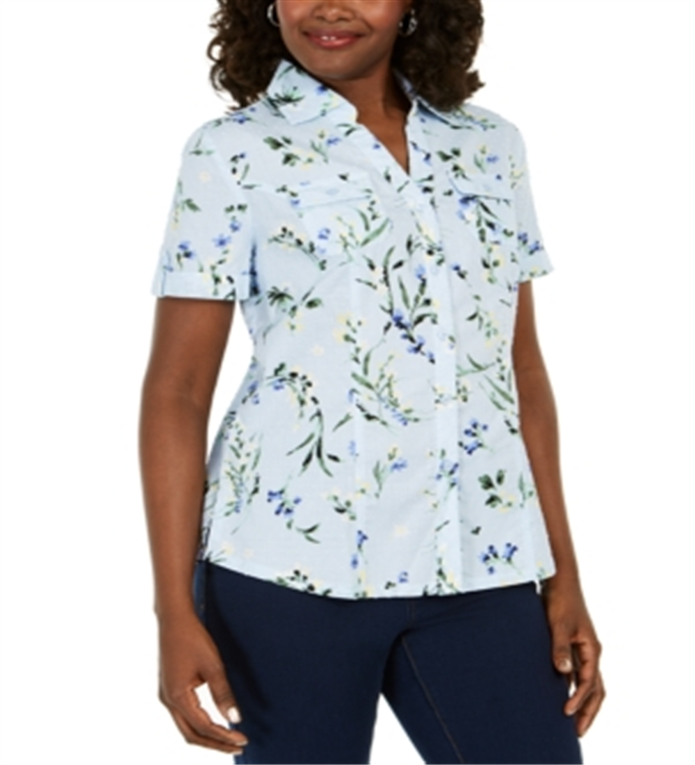Karen Scott Women's Cotton Floral Print Shirt Blue Size Large