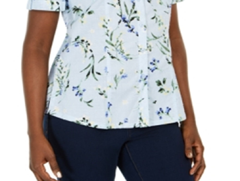 Karen Scott Women's Cotton Floral Print Shirt Blue Size Large