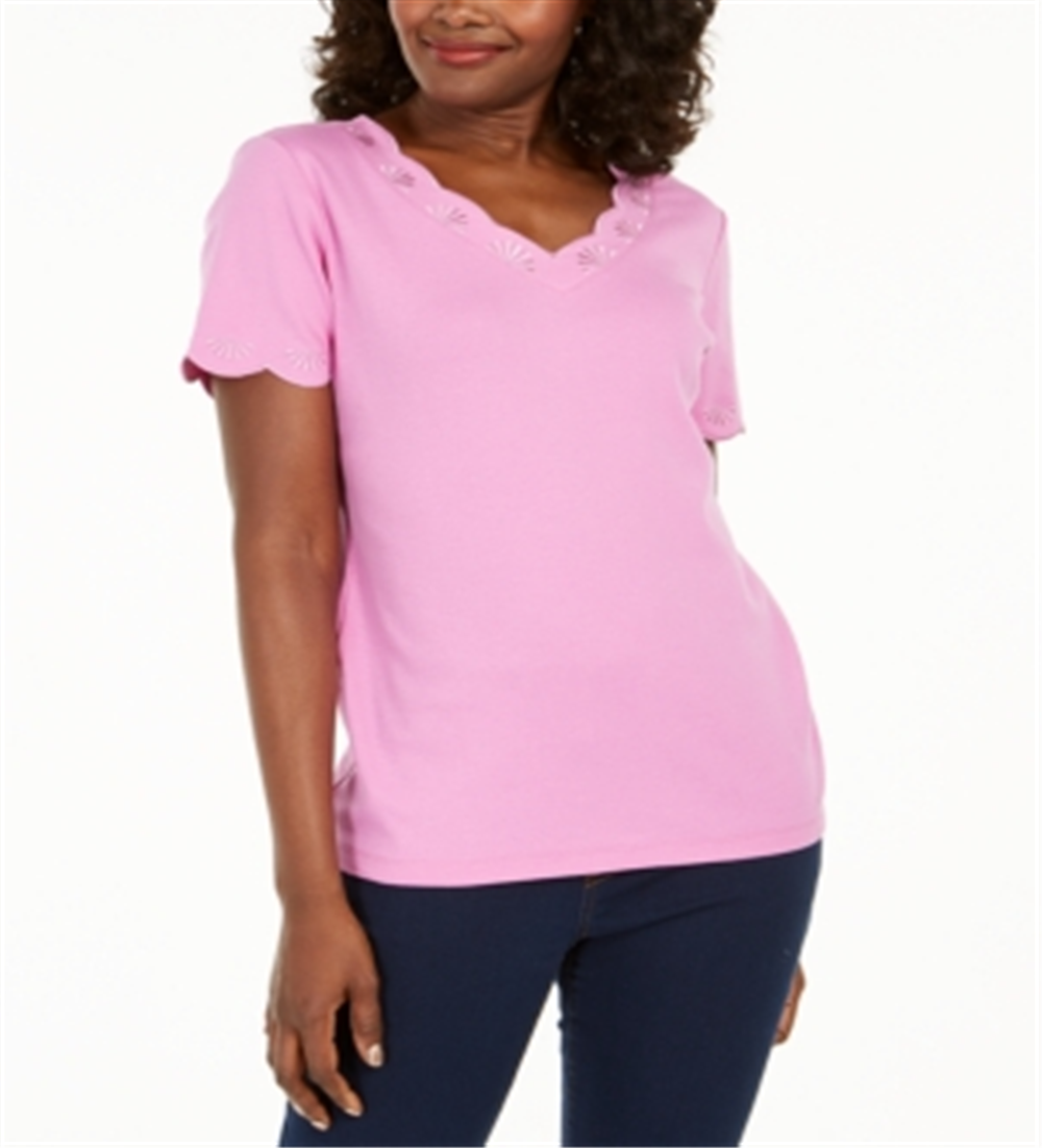 Karen Scott Women's Cotton Scalloped V Neck T-Shirt Pink  Size XX-Large