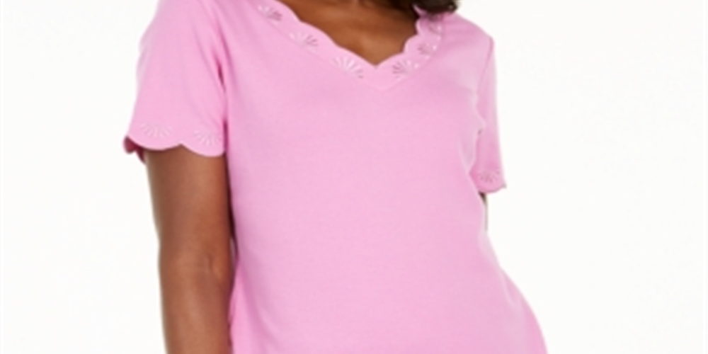 Karen Scott Women's Cotton Scalloped V Neck T-Shirt Pink  Size XX-Large
