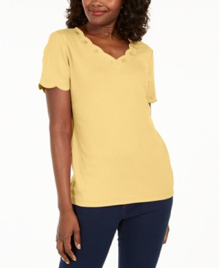 Karen Scott Women's Cotton Scalloped V Neck T-Shirt Yellow Size X-Small