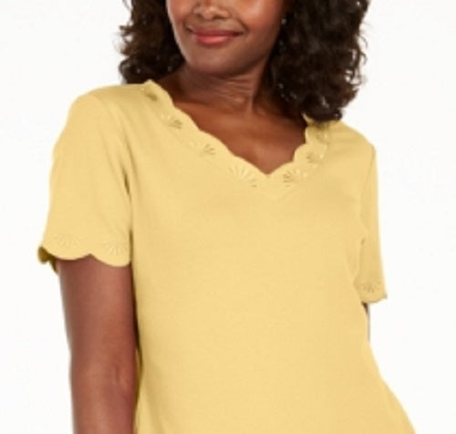 Karen Scott Women's Cotton Scalloped V Neck T-Shirt Yellow Size X-Small