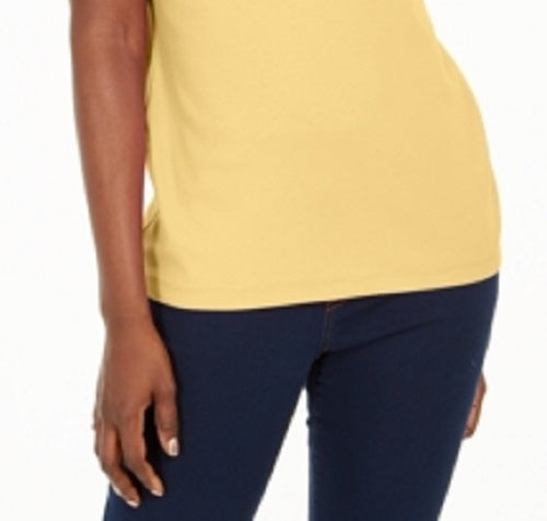 Karen Scott Women's Cotton Scalloped V Neck T-Shirt Yellow Size X-Small