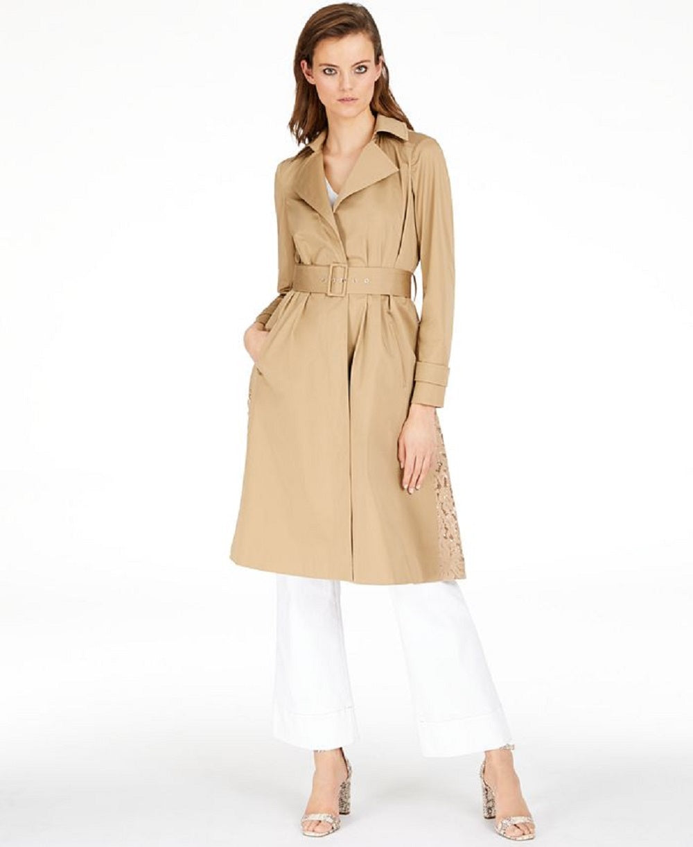 INC International Concepts Women's Lace Back Floral Trench Coat Beige Size Large