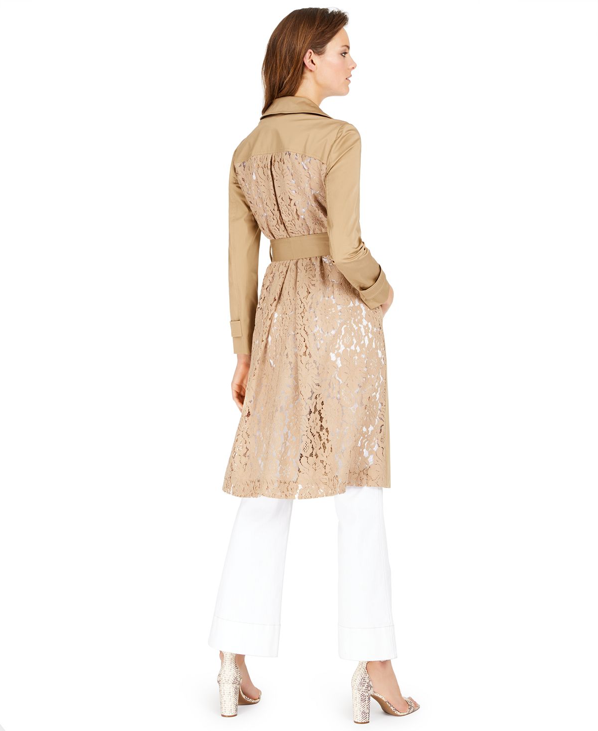 INC International Concepts Women's Lace Back Floral Trench Coat Beige Size Large