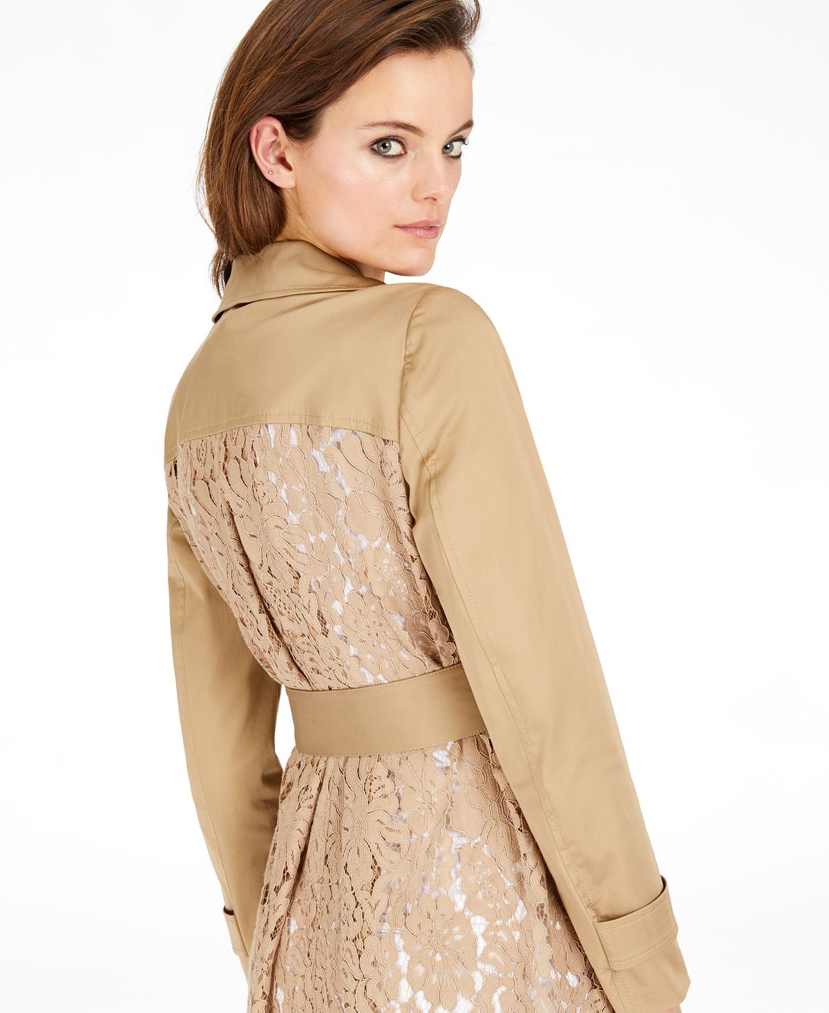INC International Concepts Women's Lace Back Floral Trench Coat Beige Size Large