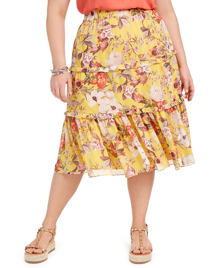 INC International Concepts Women's Metallic Tiered Maxi Skirt Yellow Size 3X