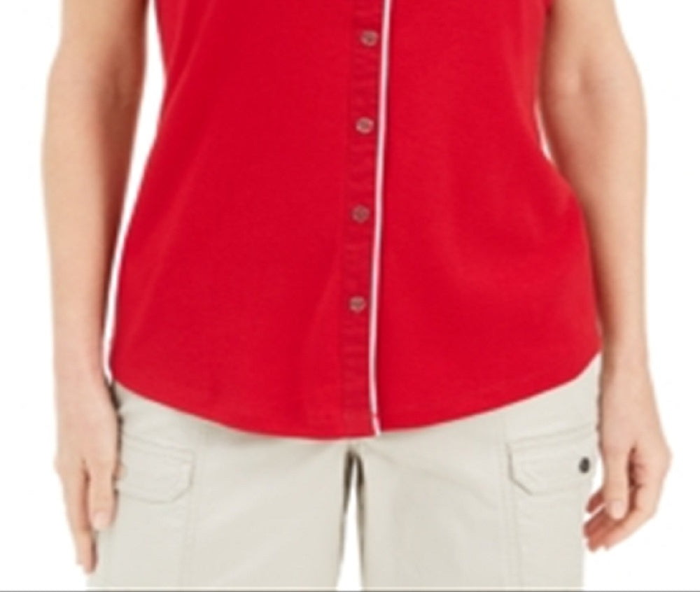Karen Scott Women's Cotton Piping Button Top Red Size Medium