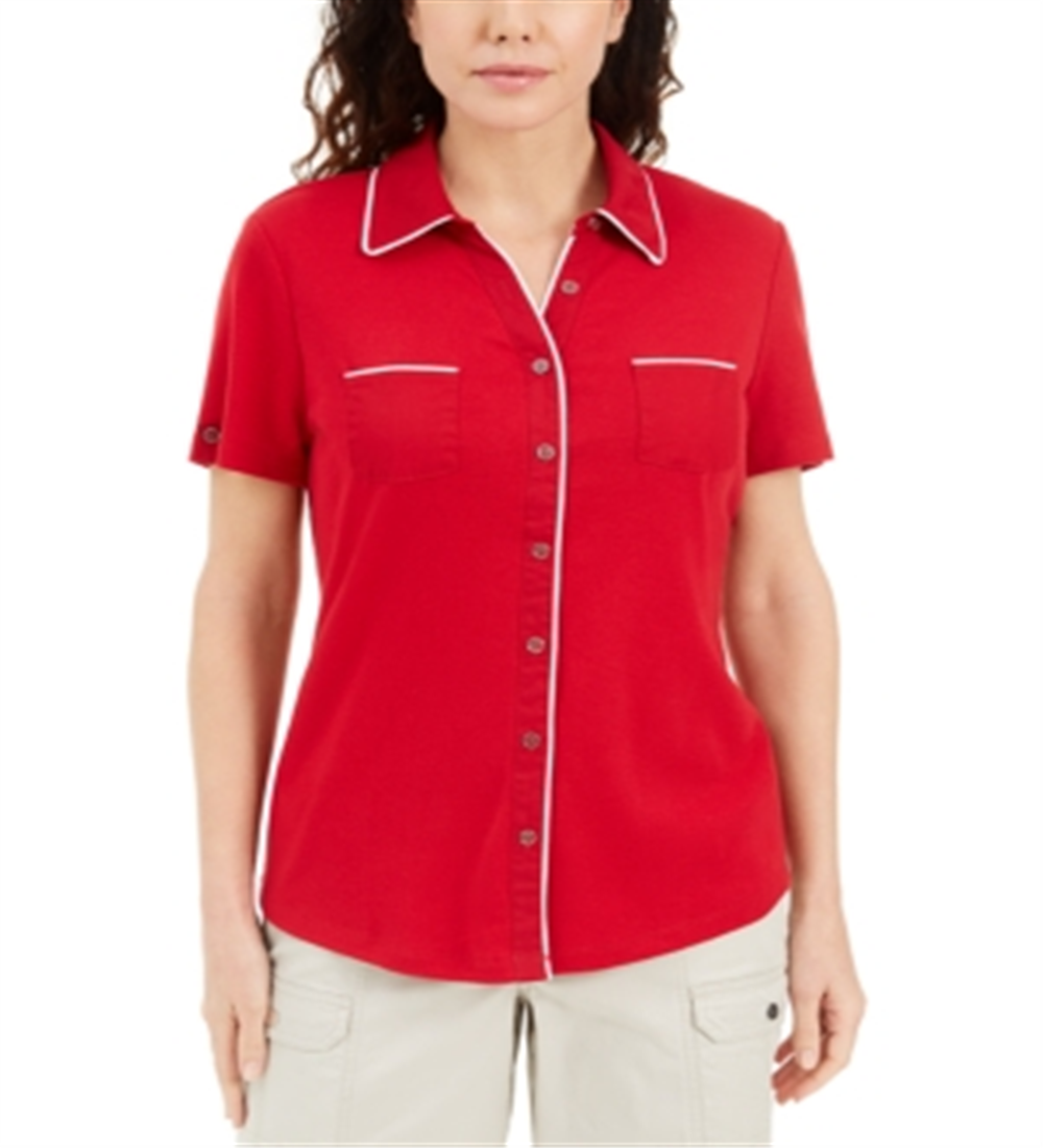 Karen Scott Women's Cotton Piping Button Top Red Size Medium